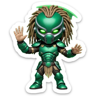 Cute chibi-style Predator character sitting down, wearing full armor with mask and dreadlocks, waving with one hand, dark sci-fi background, glowing neon circle behind, 3D toy style, soft lighting, detailed textures, cartoonish but intimidating look, high-resolution sticker format sticker