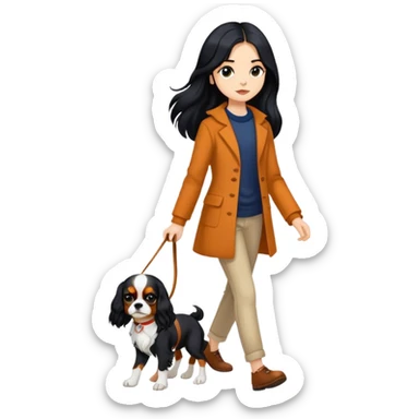 A girl with long black hair walking a Cavalier King Charles Spaniel sticker