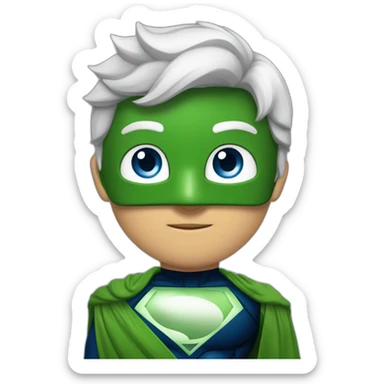 chico con antifaz de superheroe, traje azul marino haciendo la seña del corazón coreanoy los ojos del antifaz color verde y no se le ven los ojos sticker