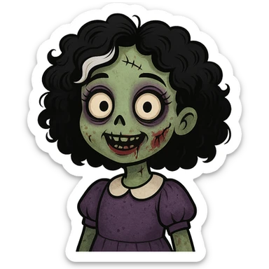 cute zombie girl with black curly hair and a white streak, creepy face, makeup on sticker