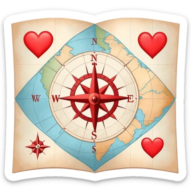 Folded cartography map with compass rose and scale, featuring red hearts as relationship markers and different symbols representing other meaningful life experiences, soft ethereal coloring sticker