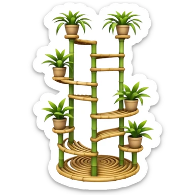 Large futuristic multi-tier multi-level curved spiral step plant rack constructed from thin bamboo poles  sticker