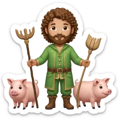 happy young shepard with long curly brown beard and long curly brown hair, in green magical outfit, with wooden shepard stick in hands, taking care of pigs sticker
