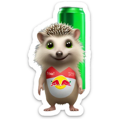 Cute little Hedgehog with green eyes and a Red Bull energy drink  sticker