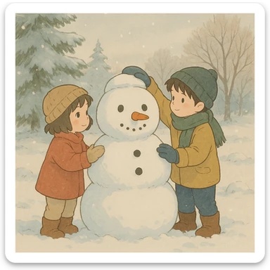 ghibli style kids building a snowman, soft colors, gentle winter scene sticker