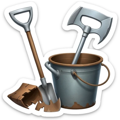An icon featuring a shovel, pickaxe, and an ancient artifact like a broken pot, symbolizing the essentials of archaeology. The design focuses on the tools of excavation and discovery, recognizable look. Transparent background. sticker