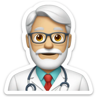 DOCTOR WITH WRINKLES, MAN, FULL GREY BEARD, GREY AND WHITE SHORT HAIR, RED GLASSES, holding a protein sticker
