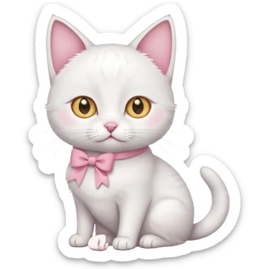 white cat sitting and she has a pink small bow on her right ear,she has golden eyes,she's fully white,even her ears,the only color is the pink small bow on her right ear,the cat is small sticker