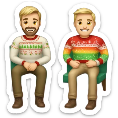 gay couple sitting in christmas sweathers. Left guy blond with beard and right guy brown faded haircut sticker