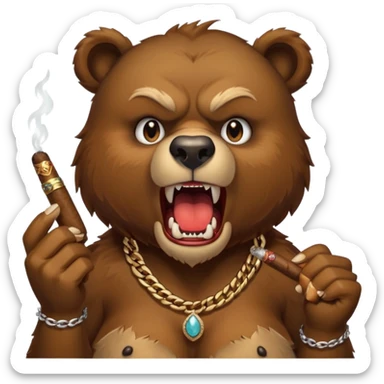 an angry wild bear with sharp teeth, a cigar in her mouth and a necklace around her neck sticker