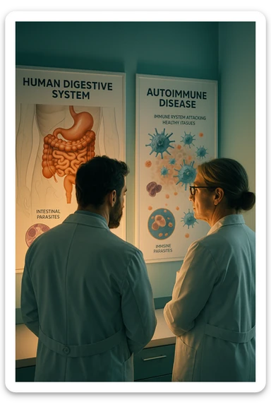 In italiano Realistic, detailed photo taken from behind of two doctors—a bearded man and a middle-aged woman—standing side by side in a modern medical office, intently studying a large, illuminated medical chart on the wall. The chart displays a detailed diagram of the human digestive system, highlighting the intestines and showing microscopic images of intestinal parasites. Next to it, another chart illustrates the immune system attacking healthy tissues, visually connecting gut parasites to autoimmune disease mechanisms. The room is bathed in a single green-blue color, with a warm, yellow-orange light casting soft shadows around the doctors. Both wear white coats and have serious, focused expressions, suggesting a deep discussion about the root causes of autoimmune conditions. Shot with a Canon EOS R5, with high detail, natural depth of field, and a clinical yet dramatic atmosphere. sticker