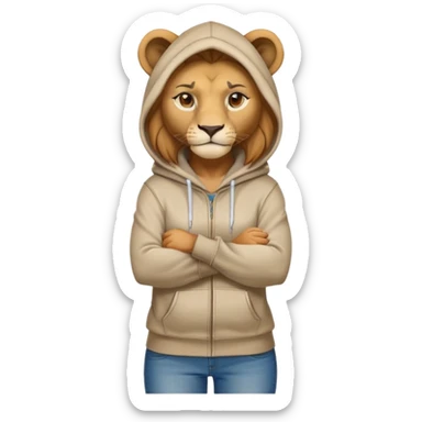 determined anthropomorphised female lion in a hoodie and jeans with arms folded, confident stance sticker