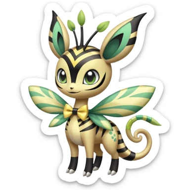 zig-zag-patterned tribal tropical hot spotted striped Meloetta-Celebi-Giratina-Noibat-Pokémon-Fakémon-fusion-hybrid-creature with a bow tie, bracelets, collars, necklaces  sticker