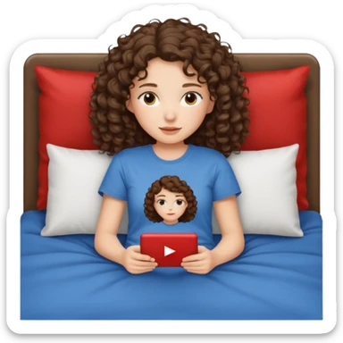 A girl, brunette with curly hair down to her shoulders, watching TV. Have her lie down on the bed, and put on Netflix on the TV. She walks by with her back to the camera, looking at the TV. sticker