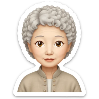 Chinese woman 70 years old, warm serene expression, short white curly hair, brown eyes, simple linen clothes sticker