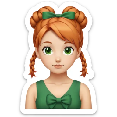 school girl with  1 bunns bow   red blond mix hair  in green dress  sticker