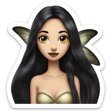 fairy with long, flowing black hair. She is slender with an hourglass figure and has strikingly large, expressive eyes. The fairy is applying black mascara to her long lashes, showcasing her beauty and elegance sticker