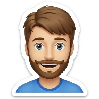 25 year old man, short scruffy beard and sparse moustache, brown puffy mullet, blue eyes, big smile, white teeth, big lips, pronounced jaw, hair longer in back, sticking up on top sticker