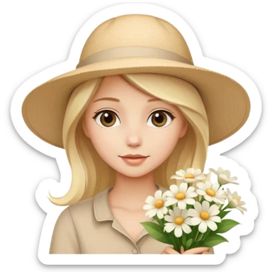 beautiful blonde girl in a summer beige hat with a bouquet of white flowers sticker