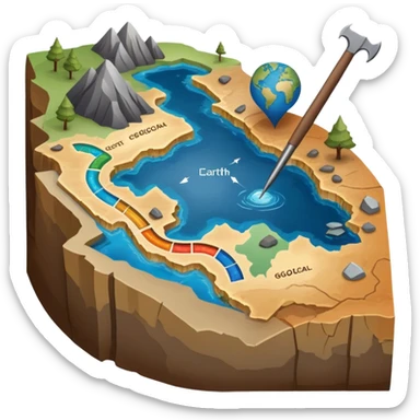 An icon featuring a crowbar and a geological map, and layers of Earth’s crust, symbolizing geology. The design includes mineral samples, fossils, and tectonic plates, representing the study of Earth’s structure and natural processes. Transparent background highlights geological exploration sticker