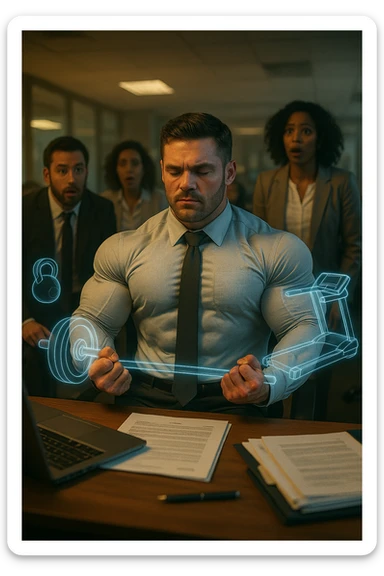 Realistic cinematic scene of an office worker in a business suit sitting at his desk, mentally rehearsing weightlifting routines. His body is transforming from skinny to muscular, shirt tightening around growing muscles. Colleagues around him look amazed. Imaginary gym equipment appears as holograms floating around him. The transformation happens through visualization alone, no actual weights. Expression of deep mental focus on his face. Cinematic lighting, 2:3 aspect ratio. sticker