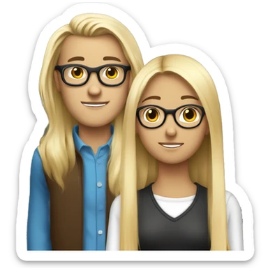 A Swedish girl with blonde long hair in a ponytail who loves an English tall skinny guy with rectangular black glasses and  shoulder length brown hair sticker