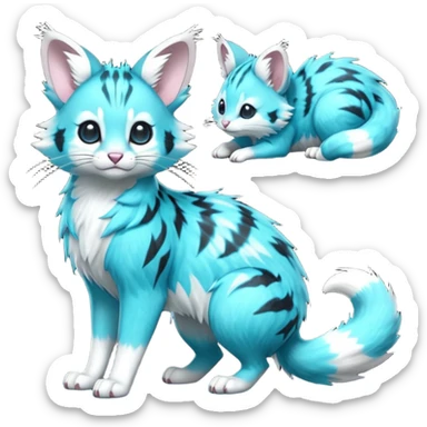 Hyper realistic  neon-cyan fur streaked with lightning-white scars and glassy shine beautiful elegant pretty precious cute  Fakémon-Pokémon-opossum-feline-serval-caracal-chinchilla-Furret-Minccino-hybrid-creature with a big fluffy bushy tail (full body) sticker