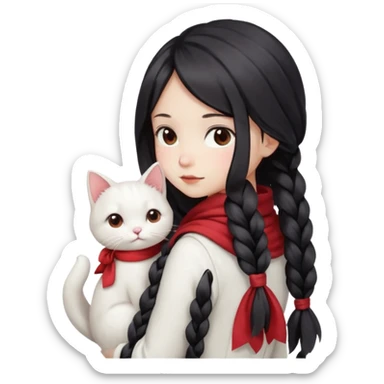 girl with long dark braid and bow, red scarf, white dress, holding white cat on shoulder, seen from behind, field and sunset background, smooth glossy texture, soft lighting, kawaii style sticker