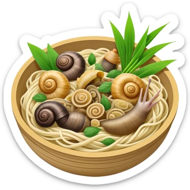 Liuzhou Snail Rice Noodles with river snails and sour bamboo, simplified emoji style with bold outlines and bright colors, cartoon style Guangxi Luosifen sticker