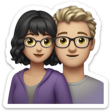 white guy with glasses, black short wavy hair and middle part bangs, with green gray eyes, hugging a violet-purple short straight shoulder-length hair, slightly chubby brown eyed girl  sticker