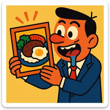 A salaryman drooling over a picture of food, vibrant toon style sticker