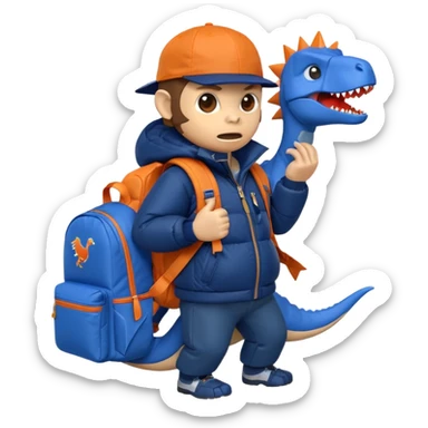 enraged monkey dressed in dark blue puffer jacket, holding blue origami dinosaur rolling backpack, wearing orange cap with Jurassic Park logo, Android emoji inspired sticker