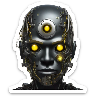 black metal cyborg head with circuitry, one artificial eyeball, and yellow Mohawk goatee sticker