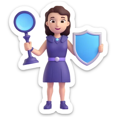 3D gender-neutral character, deep navy color, confident smile, holding a speech bubble or megaphone, with a shield or justice scales, glowing soft lavender and sky blue, modern and empowering style sticker