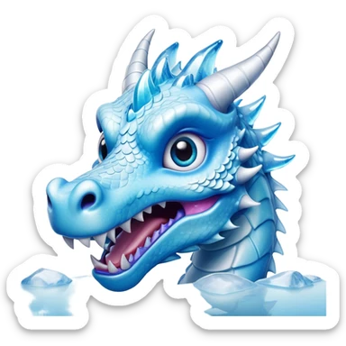 Cinematic Comical Beautiful Ice Dragon Portrait Emoji, Head tilted dramatically with an exaggeratedly amused expression, featuring a striking, glossy icy body with bold, crystalline textures and wide, expressive eyes that shimmer with playful frost, rendered with vibrant, lifelike detail and dynamic, natural shadows, high shine, dramatic yet whimsical, styled with an air of cheeky arctic mischief, soft glowing outline, capturing the essence of a spirited and over‐the‐top ice marvel that looks ready to burst into a flurry of frosty fun! sticker