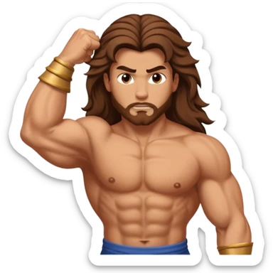 A biblical illustration of Samson, a muscular man with long flowing hair symbolizing his strength. He is depicted about to get a hair cut sticker