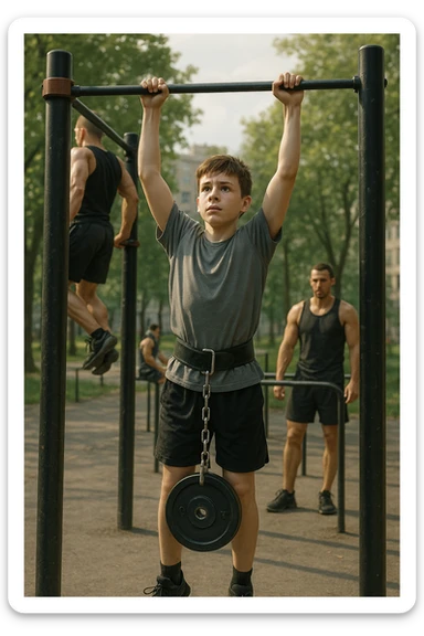 Giovane atleta neofita, fisico normale e non ancora sviluppato, si allena per la prima volta in uno spazio urbano per streetlifting: sbarra per trazioni, parallele, e pesi appesi alla cintura. L’ambiente è un parco cittadino o un’area outdoor sportiva, con luce naturale. L’atleta guarda la sbarra con determinazione e un po’ di insicurezza, ma con forte motivazione. Intorno, altri atleti più esperti. Stile realistico, atmosfera motivazionale, toni energici ma credibili, senso di inizio di un percorso sticker