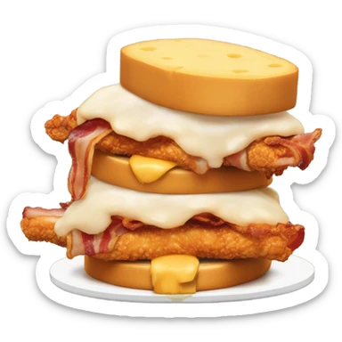 Two fillets of crispy chicken with a slice of cheese, bacon and some sauce in the middle sticker
