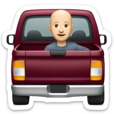 Bald Caucasian man in maroon pickup truck  sticker