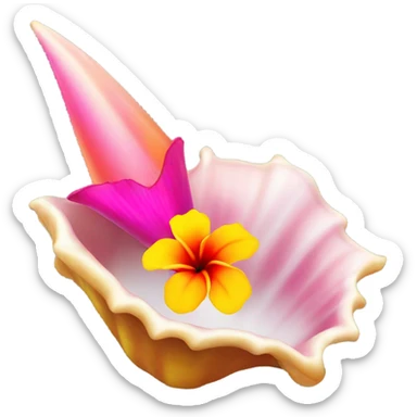 Conch shell with a pink, orange and yellow hibiscus on top  sticker