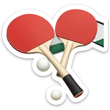Two table tennis paddles and a ball placed on a ping pong table, with the net in the background. The scene conveys the simplicity and focus of the sport, with vibrant colors highlighting the rackets and ball on the smooth surface of the table. sticker