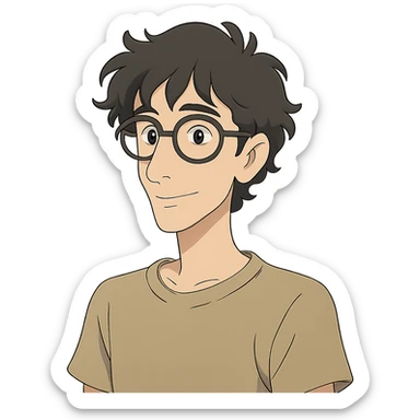 ghibli style skinny white boy with wavy black hair, big nose, black glasses sticker