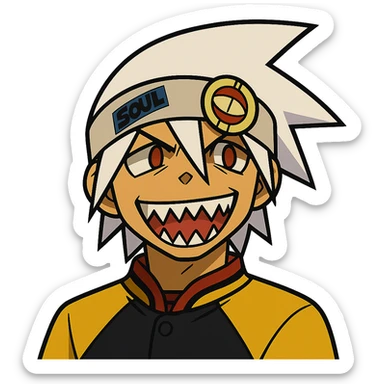 Soul Eater Evans grinning, showing sharp teeth, white spiky hair, headband, anime style, energetic expression sticker