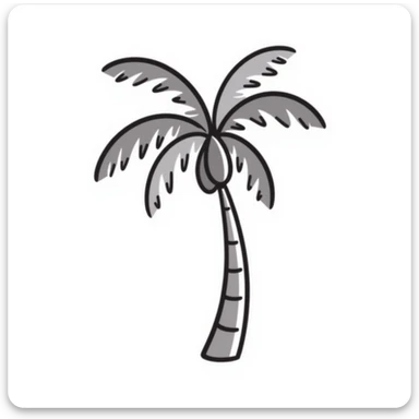 a palm tree with a curved trunk and large fronds, pastel colors dd9fb0, ffc6d3, a3bfc9, c4bee2, f1b091, detailed hand-drawn doodle style sticker