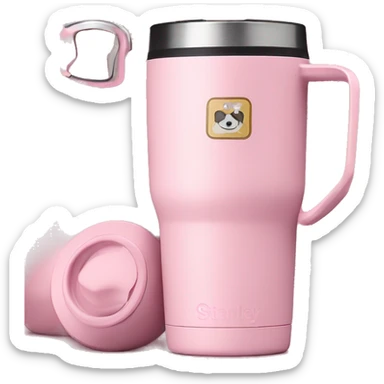 Pink Stanley brand tumbler with handle sticker