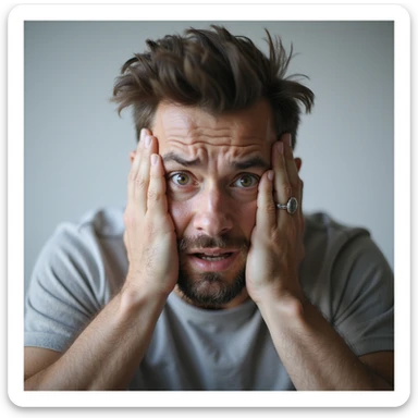 realistic 30-year-old man suffering from anxiety, hands in hair, wide eyes, neutral background sticker