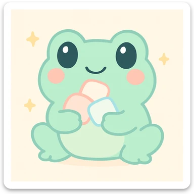 a cartoon frog happily eating marshmallows, colorful, fun, lighthearted sticker