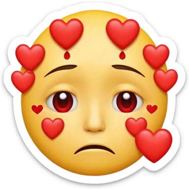 A yellow circular frowning face that is crying, with a dozen hearts floating from top to bottom in front of it sticker