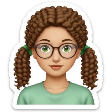 iranian woman, tight curly light brown hair in pony tail, glasses, green eyes, pretty, oval shape face sticker