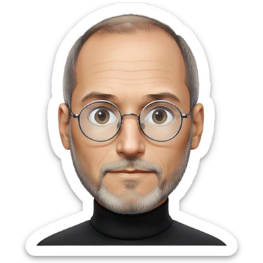 Steve Jobs with black turtleneck, round glasses, beard sticker